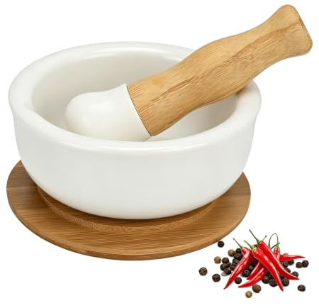 Mortero de cerámica con base de bambú – 12 cm de diámetro duradero molinillo de especias y hierbas para pimienta, vainilla, sal marina