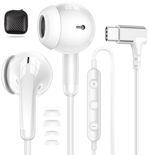 APETOO Écouteurs filaires USB C, écouteurs à angle droit de type C avec contrôle du volume micro pour iPhone 17 16 15/Samsung S25 S24, écouteurs stéréo HiFi antibruit pour iPad Pro Pixel 10 9 8, blanc