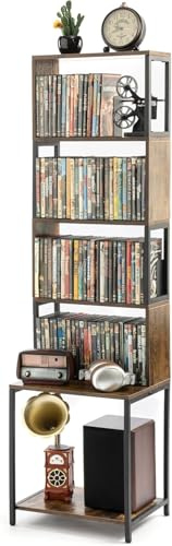Aquzee DVD Storage Shelf, 4 Tier Wooden CD Rack, CD Storage Tower Units with Adjustable Dividesrs, Media Organizer Shelving Unit, Display Shelves for CDs, Blu Rays, Video Games, Books