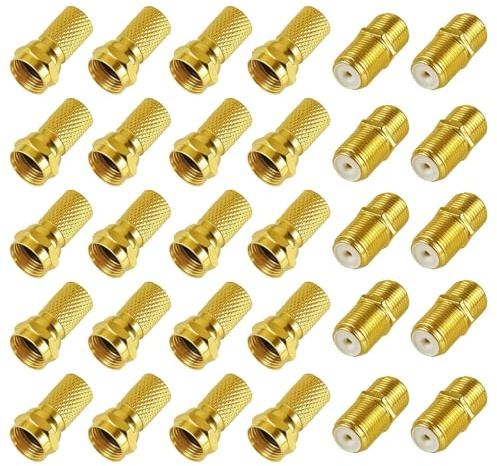 Set di Connettori F 7mm Placcati Oro - 20 Connettori F + 10 Adattatori F | con Guarnizione in Gomma Dado Largo Per Cavo Coassiale, Antenna TV e Satellitare