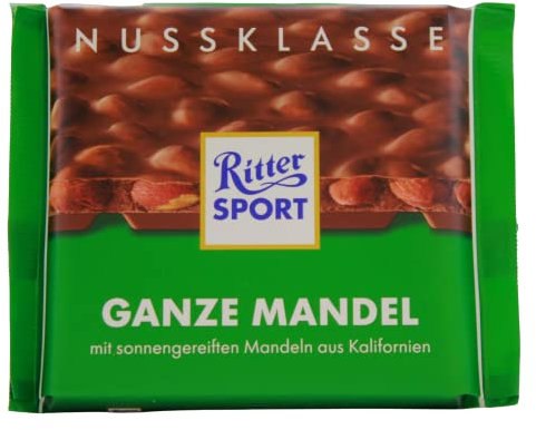 RITTER SPORT-Amandes Entières- Tablette 100 g, Chocolat au lait -A emporter partout-Boite de 11 tablettes