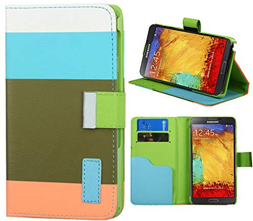 Roar Handyhülle für Samsung Galaxy S4 Mini, Hülle Tasche Schutzhülle Klapphülle mit Magnetverschluss, Kartenfächer, Stand-Funktion - Hellblau Oliv Lachs