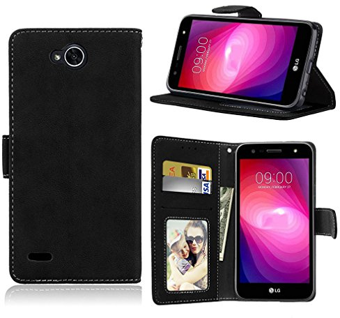 LMAZWUFULM Hülle für LG X Power II/LG M320N (5,5 Zoll) PU Leder Magnet Brieftasche Lederhülle Retro Gefrostet Design Stent-Funktion Ledertasche Flip Cover für LG X Power 2 Schwarz