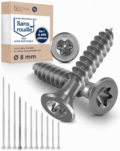 Vis à bois inox A2 V2A H2 Torx TX tête fraisée 90° filetage total 8 mm HEAVY DUTY 8x160 mm – 200 pcs vis bois structure