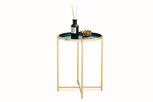 LIFA LIVING Runder Couchtisch aus Metall in Gold und Grün, Vintage Beistelltisch stabil, Kaffeetisch im modernem Design, 37.5 x 37.5 x 47.5 cm