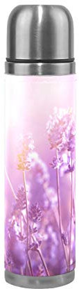 BKEOY Thermosflasche, Vakuum-isoliert, Edelstahl, doppelwandig, auslaufsicher, Flasche im Sonnenlicht, unteres Lavendelfeld, personalisierbar, bedruckt, echtes Leder, 500 ml