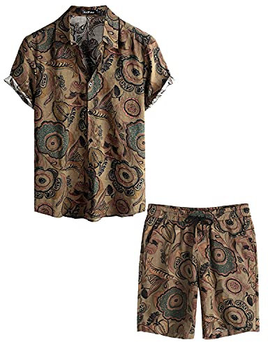 VATPAVE Herren Hawaii Hemd Blumen Sommer Outfit Männer Freizeit Kurzarm Strandhemd und Kurze Hosen 2 Teiler Set Blumenmuster Hemden Mittel Braun