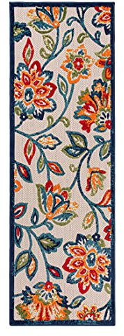 Carpeto Rugs Blumenmuster In- & Outdoor Läufer Wetterfest für Balkon, Terasse - Balkon Teppich Wasserfest - Outdoorteppich Wetterfest - Aussenteppich Terrasse Groß - Blau Bunt - 80 x 200 cm