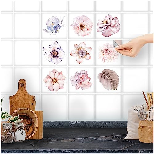 FoLIESEN - Weiße Fliesenaufkleber mit Aquarell-Blüten für Bad, Küche, Badezimmer - Fliesen-Folie selbstklebend - 9 Klebefliesen, .:15x15 cm - Weiß glänzend