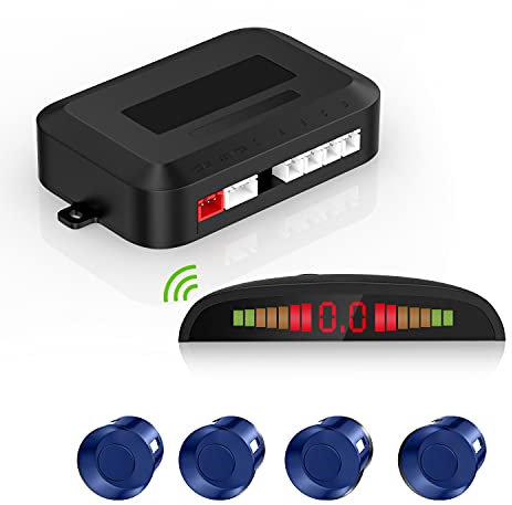 Kit di assistenza al parcheggio senza fili, sistema radar di retromarcia con 4 sensori PDC, display a distanza LED senza fili con avviso sonoro + 4 colori blu Aiuto al parcheggio posteriore