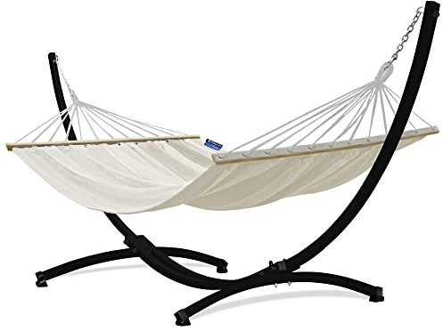 Potenza Outdoor Hängematte mit Gestell für 2 Personen I Stabhängematte XXL 220x160, 200kg I Hängemattengestell 220kg Wetterfest (Ecru, Gestell Schwarz)