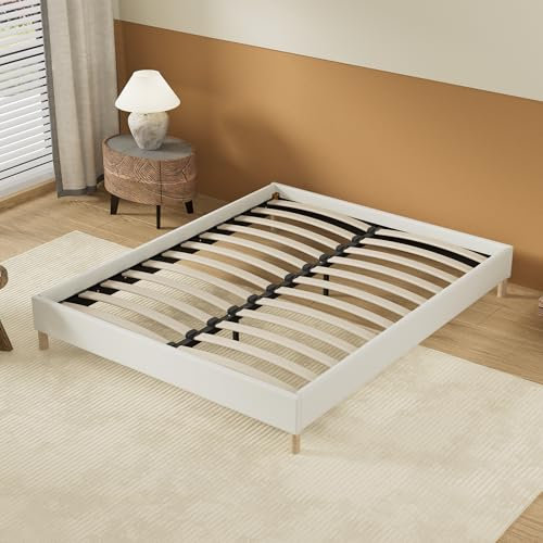 Lit avec sommier - Dimensions 120 x 190cm - Revêtement Tissu Blanc - Stable et Robuste/Pieds centraux de Renfort