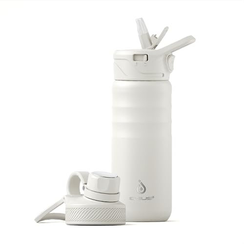 IDEUS Insulated Stainless Steel Water Bottle with 2 Leak-Proof Lids, Thermal Water Flask for Hiking Biking, 18oz, White