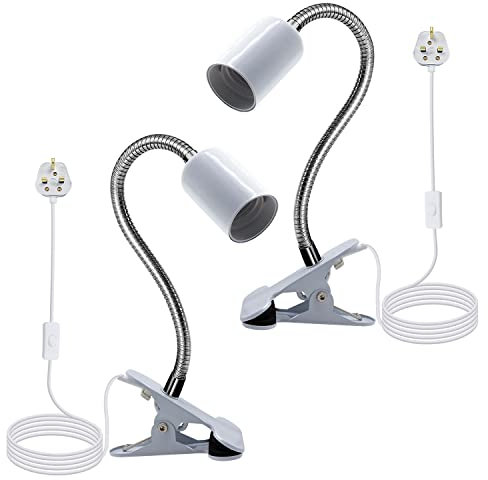 LED Clip Light, 2PCS Metal Clip Desk Lamp,White Clip on Reading Light with 220CM Cable,9MM Thickened 350MM Lengthened Flexible Gooseneck Clip Flexible Light,Clip on Bulb Holder for Garage Kitchen