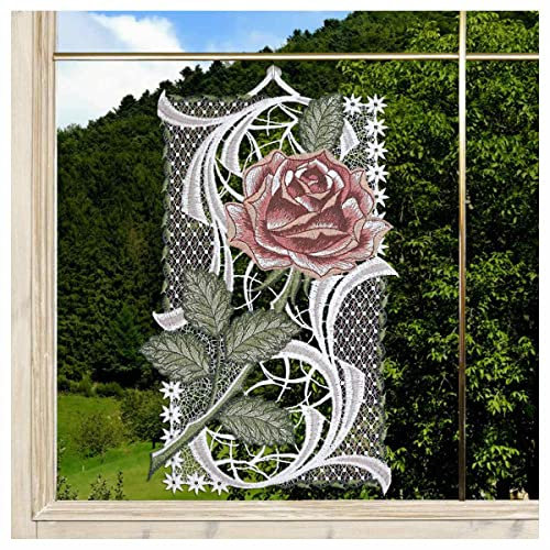 DSD Design-Studio Drechsler Gesticktes Blumen-Fensterbild Rose in Altrosa Fenster-Dekoration aus Plauener Spitze Klassische Blüte