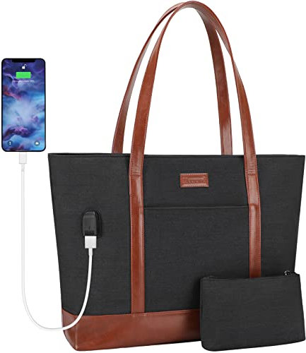Mecrowd Laptop Work Tote Bag for Women, Tote Shoulder Bag for 15.6 Inch Computer, Extra Large Capacity Handbag for Work, Party, Travel, School, Bonus Small Cosmetic Bag (Black)