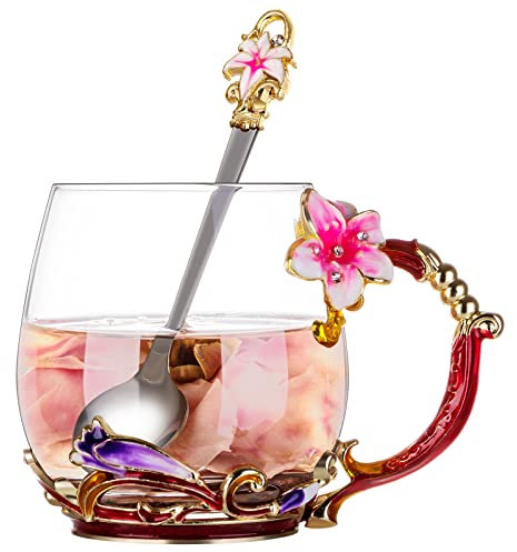 SHEEYEE Tasse à thé en verre émaillé avec cuillère - Motif fleur de lys - Cadeau pour femme - Pour la fête des mères, Noël, un anniversaire