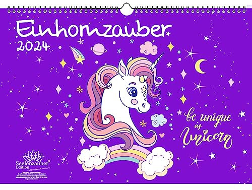Einhornzauber DIN A3 Kalender für 2024 Einhorn Einhörner Unicorn - Geschenkset Inhalt: 1x Kalender, 1x Weihnachtskarte (insgesamt 2 Teile)