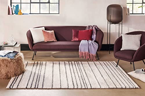 Moderner und gemütlicher Esprit Hochflor-Teppich mit Streifenmuster für Wohnzimmer, Schlafzimmer und Kinderzimmer - Gesa (120 x 170 cm, Creme weiß)