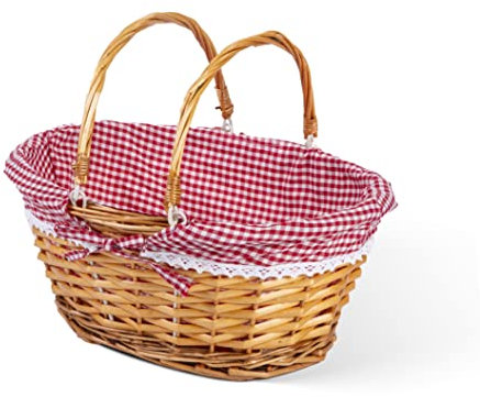 Lightweight Honey Color Wicker Shopping Basket with Foldable Handles Red Gingham Cotton Liner Gift Hampers Gift Basket (Large)
