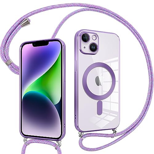 Pnakqil Coque pour iPhone 14 avec Cordon, Compatible avec MagSafe, Transparent Silicone Ultra Mince Housse avec Collier Cordage, Magnétique Case pour iPhone 14, Purple