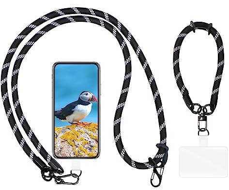 AHABIPERS Handykette Universal, Nylon Handy Kette + am Handgelenk Handy Umhängeband Kompatibel mit Meisten Smartphones, TPU Handy-Patch mit Metallring - ohne Hülle - Schwarz