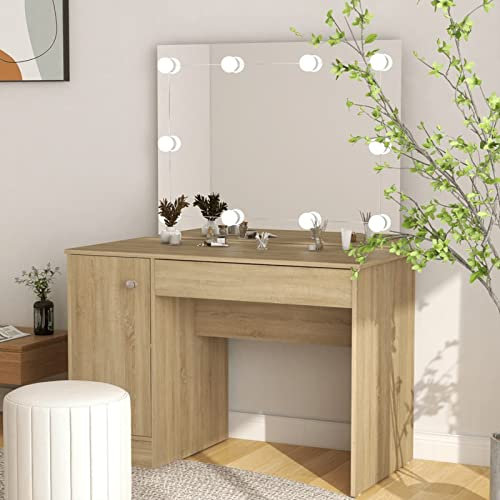 CIADAZ Schminktisch mit LED-Beleuchtung, Schminken Tisch, Frisiertisch, Kosmetiktisch, Schminkkommode, Schmink Tisch, Make Up Tisch, 110x55x145 cm MDF Eiche-Optik