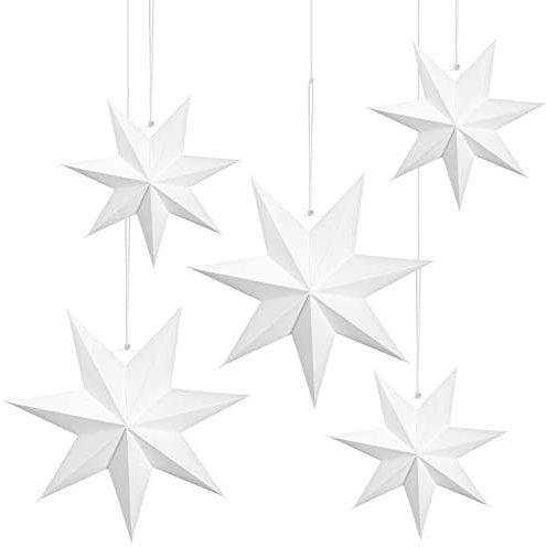 Faltsterne Weihnachten 5er Set -7 Zacken Papiersterne 2 x 25cm, 3 x 40cm - Weiß Papiersterne Weihnachts Deko, Sterne Papier für Türen, Weihnachtsbaum, Advent - skandinavische Weihnachtsdekoration