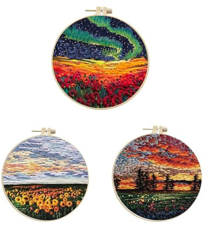 KGDUYC Kits de Bordado,Kit de Bordado a Mano, Kit de Inicio de Bordado, Kit de práctica de Bordado, Kit de Bordado para Principiantes, 3 Juegos de Patrones de Pintura al óleo de paisajes.