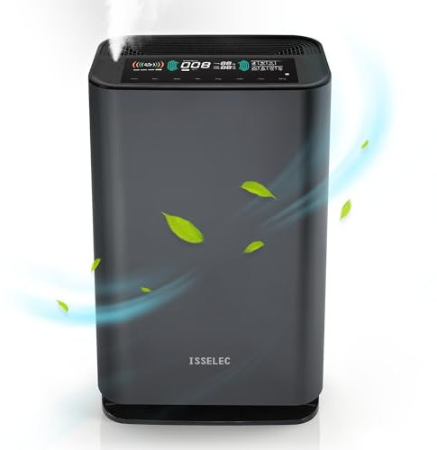 ISSELEC Air Purifier and Humidifier 2 in 1 for home, up to 1072 ft², H13 HEPA Filter Remove Pet Hair, Smoke, Dust, Pollen for Bedroom, Offices, Kitchens, Air Quality Sensor, Negative Ion Generator