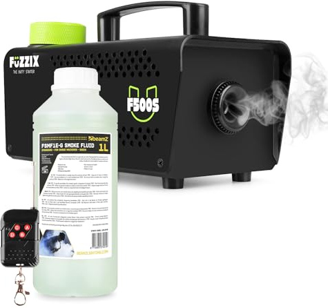 Fuzzix F500S 500W Party Fog Machine with Remote & 1L Green Smoke Fluid | 2.5-min warm-up, 30-second reheat, view window, Halloween & DJ ready