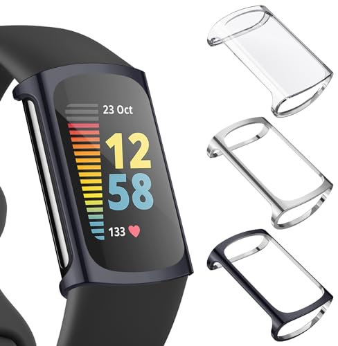 AK 3 Pack Screen Protector - Compatible with Fitbit Charge 6/5, TPU Plated Full-Cover Scratch-Proof Protective Case (Gray/Silver/Clear)
