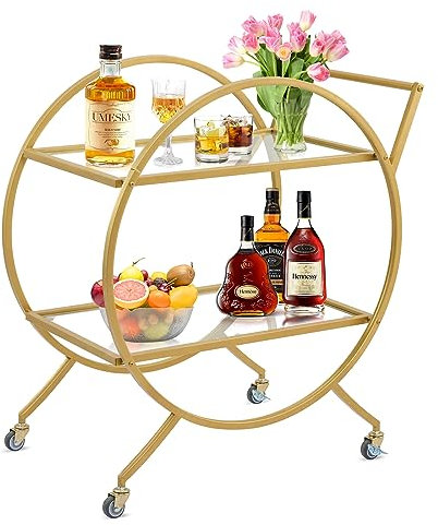 Bar Cart with Wheels, Metal Handles, Elegant Home Bar Furniture for Living Room, Kitchen, Serving Trolley, with Mirrored Storage Shelves, 26.77'' L x 14'' W x 28'' H, Gold