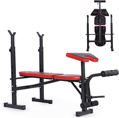 Verstellbare, klappbare All-in-One-Hantelbank mit Hantel-/Langhantelablage/Dip-Station, robuste Mehrzweck-Trainingsbank für Heimfitness, Training, Fitnessstudio