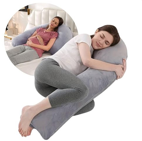 Home4u - Schwangerschaftskissen XXL, Seitenschläferkissen, Stillkissen, J-förmig, Body pillow, Körperkissen für Schwangere Frauen, waschbarer Bezug, Grau, 140 x 80 cm