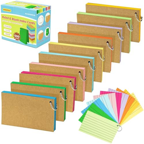 500 Stück (10 Packungen) linierte Karteikarten - 10 Farben - Lernkarten 5x3 Zoll [127x77mm] - Bunte Notizkarten für Büro, Schule, Zuhause, Lernen, Dokumentation - PAP06MX500
