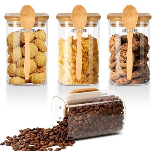 3er Set Vorratsgläser mit Deckel Eckig Und Löffel, 530 ml Meal Prep Glas, Verschließbares Overnight Oats Glas zum Aufbewahren von Kaffee, Gewürzen, Haferflocken, Salat, Joghurt, Milch (jar-ear)