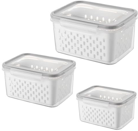 Juego de 3 cajas de almacenamiento para frigorífico, fiambreras, frutas y verduras, con tapa y colador, organizador doble para frigorífico, color gris