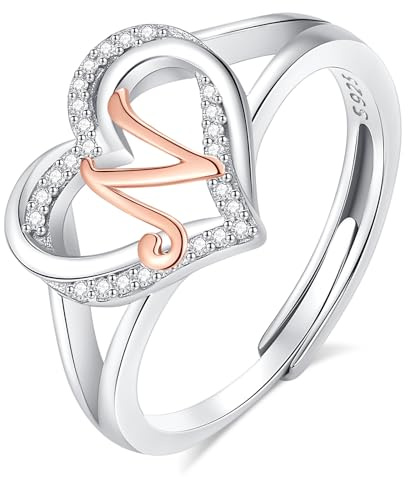 INFUSEU Damen Ring Mit Initialen, 925 Sterling Silber Buchstabe Herz Offener Ringe Buchstabenform Initial Name Alphabet A-Z Verstellbar Personalisierter Schmuck Geschenke für Frauen Damen Mädchen