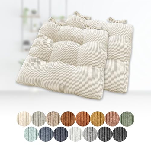Lsjoaw 2er Set Sitzkissen 35x35x6cm Polster Auflage Gemütliche Stuhlkissen mit Bindebänder Sitzpolster Stuhlauflage Sitzpolster für Gartenstuhl Küche oder Esszimmer Quadrat Cordstoff Weiß