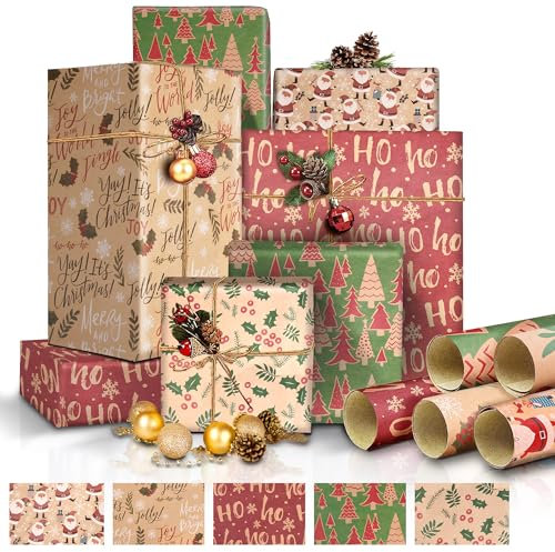 Weihnachtspapier Geschenkpapier 5 Rollen, Kraftpapier Vintage Edel für Weihnachten und Geburtstag, Geschenkverpackung Set (44cm×1m)