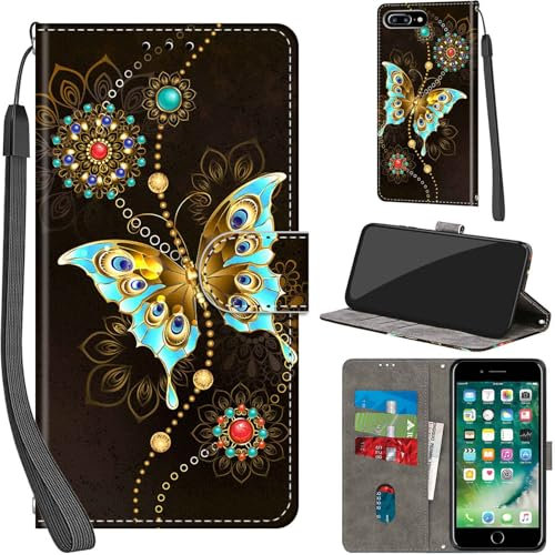 Haninsuze for iPhone 7 Plus / 8 Plus Case PU Leather Wallet Book Flip Folio Stand View Magnetic Multi-Pattern Cover compatible with iPhone 8 Plus Phone Case (Green Butterfly)