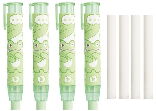 Niedlicher einziehbarer Radiergummi, Cartoon-Frosch-Radiergummi, Stift-Stil, Radiergummi mit Nachfüllungen, Radiergummis für Schule, Kinder, Jungen, Mädchen, Frauen, Radiergummis (4 Stück Frosch)