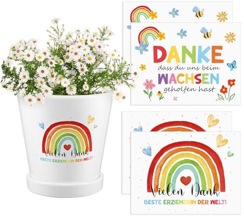 Faccito 4 Aufkleber für den Blumentopf Dankeschön Aufkleber Danke, dass du mir beim Wachsen geholfen hast Erzieher Geschenk Kindergarten Dankeschön Geschenk für Lehrer (Regenbogen, Blumen)