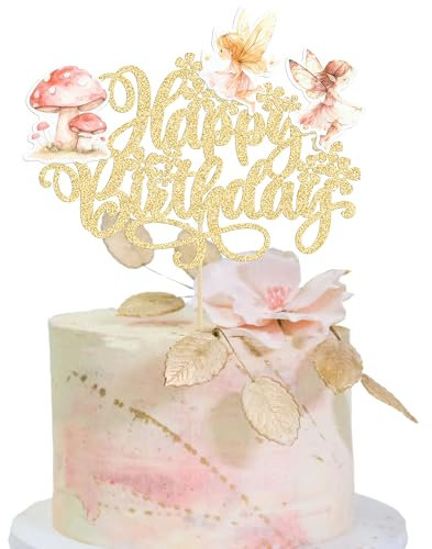 Gyufise 1Pc Fairy Happy Birthday Cake Topper Glitter Mushroom Fairies Cake Decorations for Fairy Theme Baby Shower Garden Party Decorations Supplies Gold