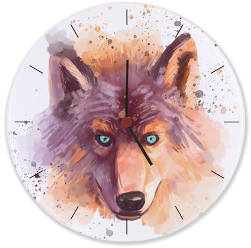 speecheese Wolf in Wasserfarbenoptik Wanduhr aus Glas Schöne Uhr mit gemaltem Wolfskopf als Dekoration für das Kinderzimmer oder Dein kleines Atelier