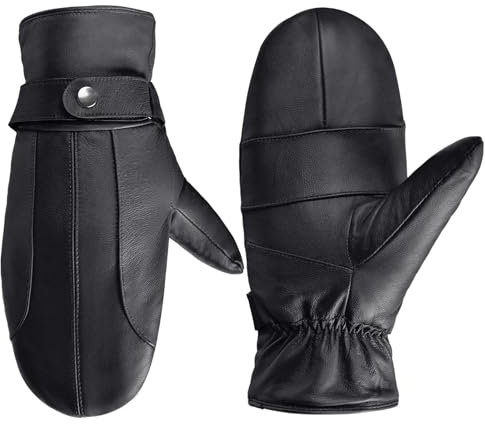 Harssidanzar Herren Leder Fäustlinge Winterhandschuhe Dickes Fleece gefüttert SM047EU,Schwarz, Größe XXL
