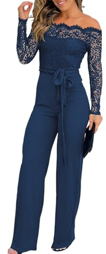 CHICME Womens Dressy Jumpsuits Casual One Piece Outfits Off Shoulder Lace Trim Overalls Straight Leg Pants, Blue, Medium