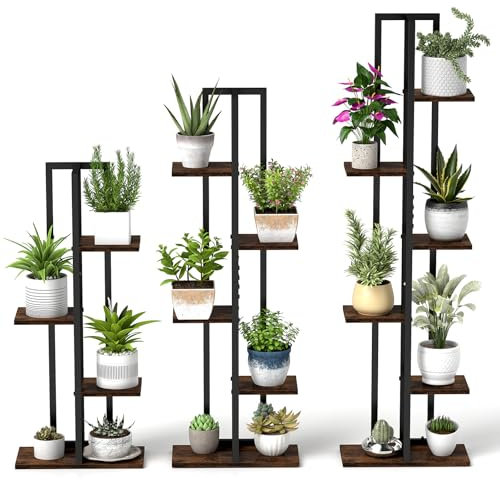 COSTWAY Set di 3 Scaffali Porta Piante da Interno ed Esterno, Scaffali per Fiori a 4/5/6 Ripiani, Porta Vasi in Legno e Metallo