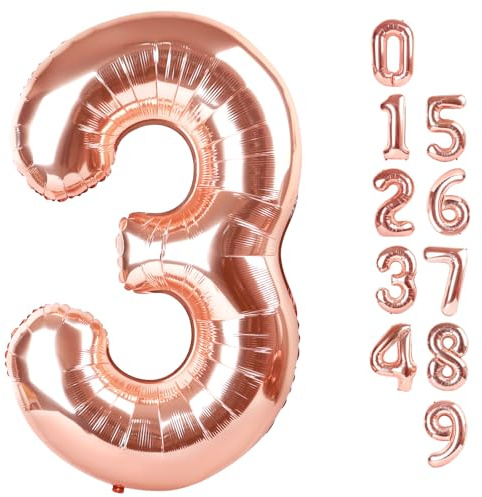Numbers Balloon 3, 40 Inch Large Rose Gold Balloon for Three Year Old Birthday Decor, 3 13 30 31 Birthday Party Decorations for Wedding Supplies